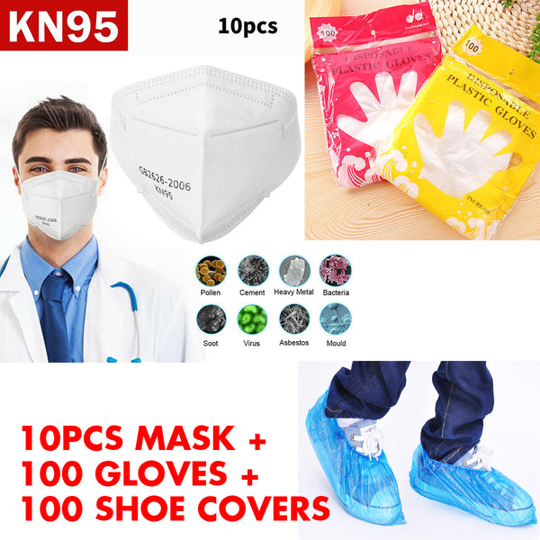 FDA Approved KN95 Non-woven Protective Masks ( 1 Pack=10 Pieces)+ 100 Gloves + 100 Shoe Covers