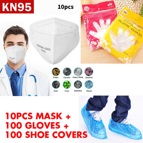 FDA Approved KN95 Non-woven Protective Masks ( 1 Pack=10 Pieces)+ 100 Gloves + 100 Shoe Covers
