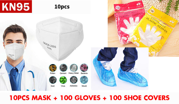 FDA Approved KN95 Non-woven Protective Masks ( 1 Pack=10 Pieces)+ 100 Gloves + 100 Shoe Covers