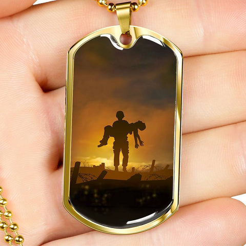 TOUCH A FALLEN COMRADE DOG TAG STYLE GOLD/SILVER NECKLACE