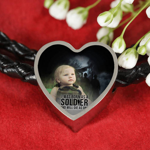 Being-a-Soldier Heart Charm - Real Leather Woven Bracelet