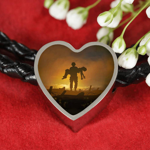 Touch-A-Fallen-Comrade Heart Charm - Real Leather Woven Bracelet