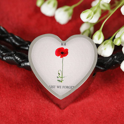Lest We Forget Heart Charm - Real Leather Woven Bracelet
