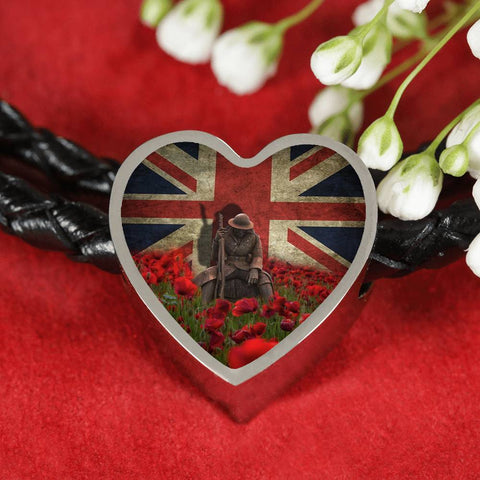Lone-Poppy Heart Charm - Real Leather Woven Bracelet