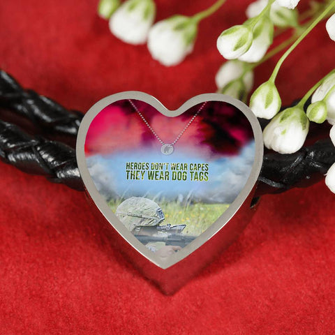 Soldier-Wear-Dogtag Heart Charm - Real Leather Woven Bracelet