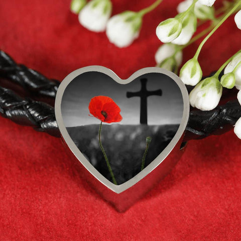 Poppy-And-The-Cross Heart Charm - Real Leather Woven Bracelet